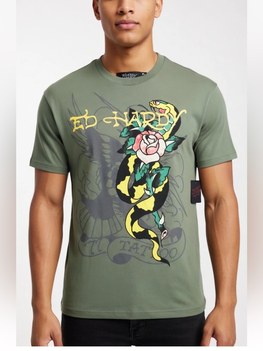 NWT Ed Hardy Snake Rose Graphic Print Cotton Jersey Crew Neck T-Shirt Olive M